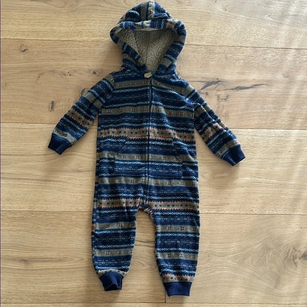 Carter's Baby Zip-Up Hooded Fleece Jumpsuit 12m Navy tribal